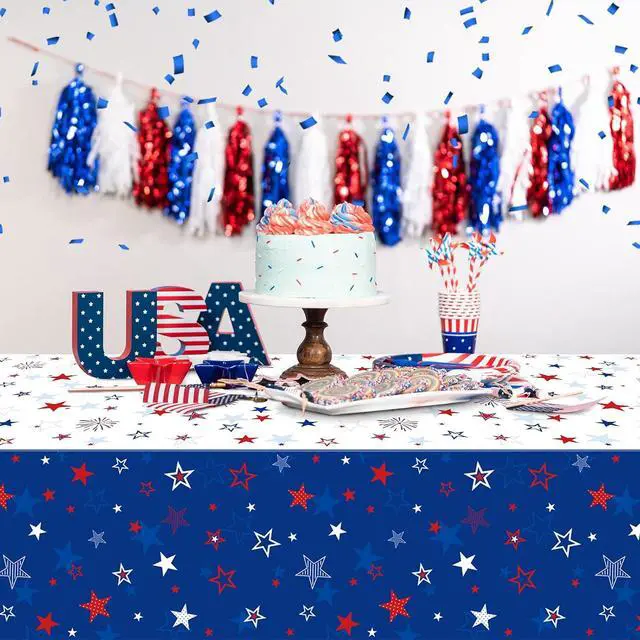 Alt view image 5 of 7 - 3 Pack Patriotic Tablecloth Decorations for 4th of July Independence Day, Plastic Memorial Day Table Cover Printed with Stars and Fireworks for Patriotic Themed Party Supplies, 54 x 108 Inch
