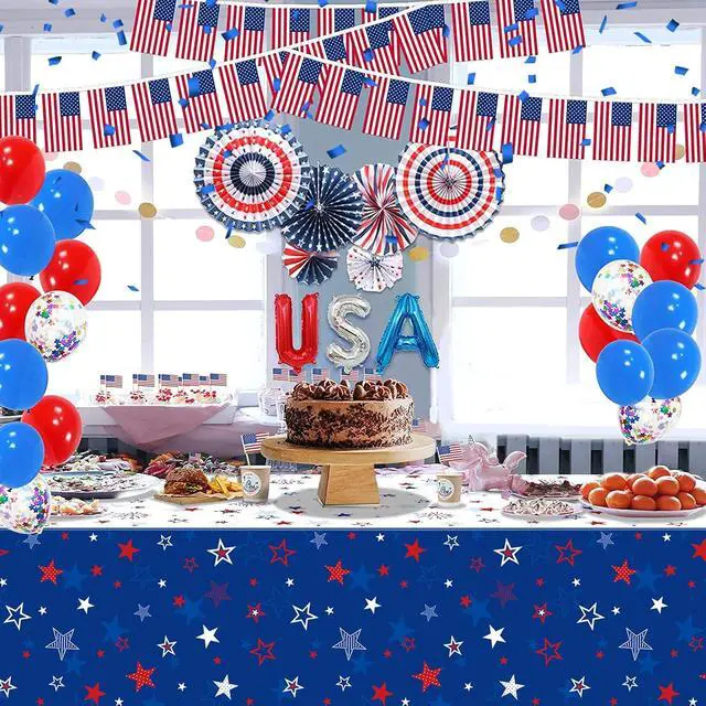 Alt view image 7 of 7 - 3 Pack Patriotic Tablecloth Decorations for 4th of July Independence Day, Plastic Memorial Day Table Cover Printed with Stars and Fireworks for Patriotic Themed Party Supplies, 54 x 108 Inch