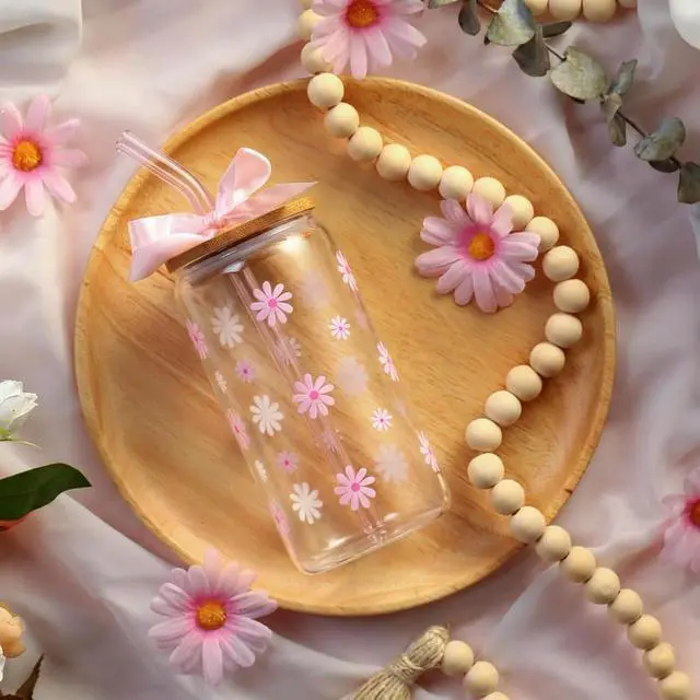 Alt view image 2 of 7 - Cute Glass Cups with Lid Straw Teen Girl Birthday Gifts for Women | Daisy Iced Coffee Cup, Pink Aesthetic Mug Tumbler for Mothers Day Thanksgiving Christmas Valentines Coffee Lover 16oz