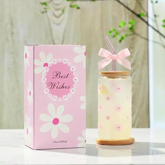 Alt view image 3 of 7 - Cute Glass Cups with Lid Straw Teen Girl Birthday Gifts for Women | Daisy Iced Coffee Cup, Pink Aesthetic Mug Tumbler for Mothers Day Thanksgiving Christmas Valentines Coffee Lover 16oz