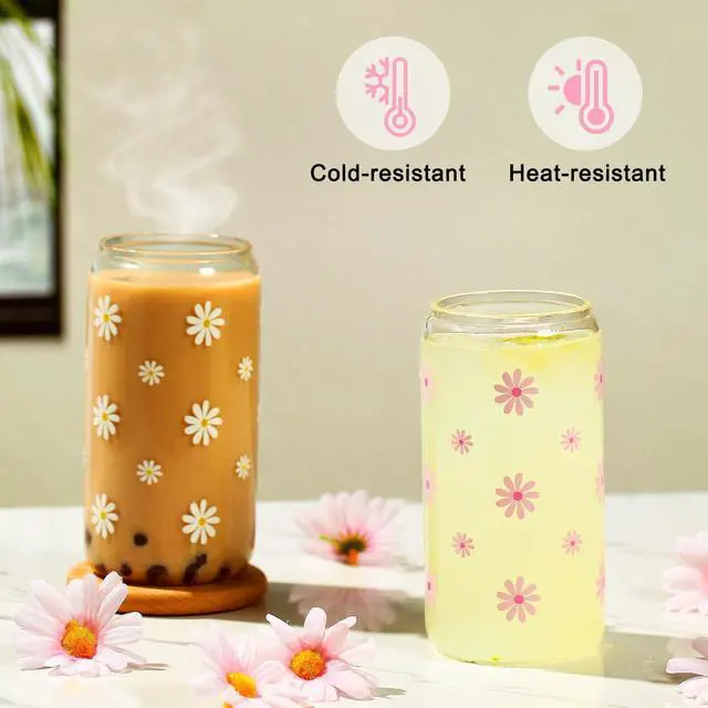 Alt view image 5 of 7 - Cute Glass Cups with Lid Straw Teen Girl Birthday Gifts for Women | Daisy Iced Coffee Cup, Pink Aesthetic Mug Tumbler for Mothers Day Thanksgiving Christmas Valentines Coffee Lover 16oz