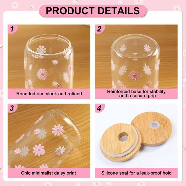 Alt view image 6 of 7 - Cute Glass Cups with Lid Straw Teen Girl Birthday Gifts for Women | Daisy Iced Coffee Cup, Pink Aesthetic Mug Tumbler for Mothers Day Thanksgiving Christmas Valentines Coffee Lover 16oz