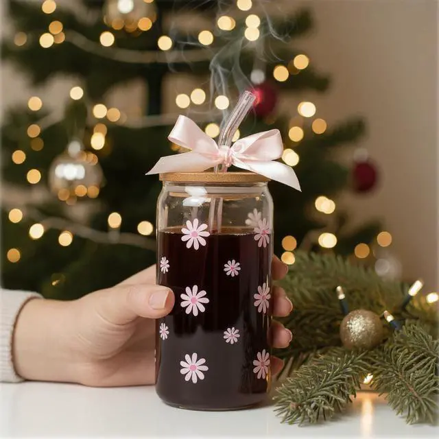 Alt view image 7 of 7 - Cute Glass Cups with Lid Straw Teen Girl Birthday Gifts for Women | Daisy Iced Coffee Cup, Pink Aesthetic Mug Tumbler for Mothers Day Thanksgiving Christmas Valentines Coffee Lover 16oz