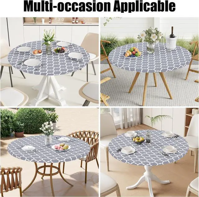 Alt view image 7 of 7 - Smiry Round Picnic Tablecloth, Waterproof Elastic Fitted Table Covers for 45" - 56" Tables, Wipeable Flannel Backed Vinyl Tablecloths for Camping, Indoor, Outdoor, Grey & White