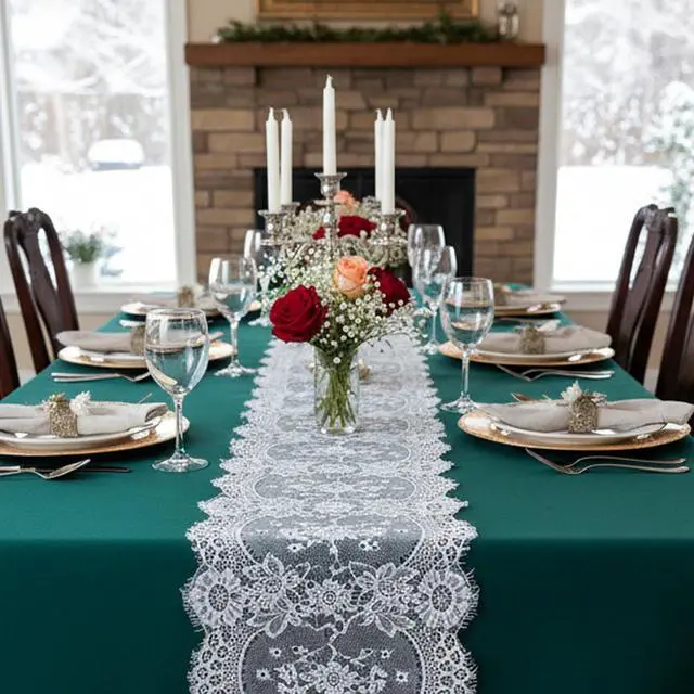 Alt view image 4 of 7 - Hibate 3 Pack White Thin Boho Lace Table Runner Embroidered Dresser Runners for Party Wedding Decor Bridal Shower Decorations (14" W x 120" L)