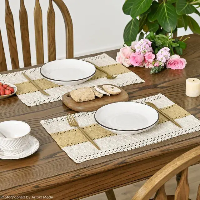 Alt view image 4 of 6 - Artoid Mode Burlap Brown Farmhouse Rustic Placemats Set of 4,12x18 Inch Seasonal Holiday Hollow Table Mats Party Kitchen Dining Decoration