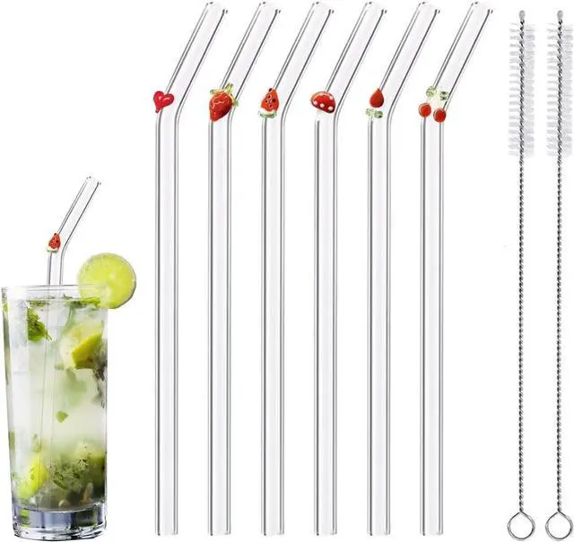 Main image of Reusable Glass Straws - 8" x 8 MM, Set of 6, Clear Glass Drinking Straws for Beverages (Red, Normal-6 PC Straws & 2PC Cleaning Brush)
