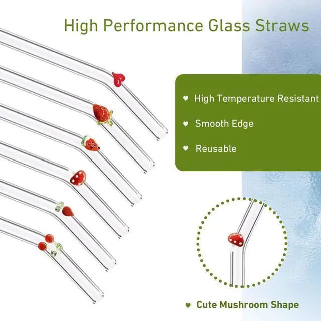 Alt view image 2 of 7 - Reusable Glass Straws - 8" x 8 MM, Set of 6, Clear Glass Drinking Straws for Beverages (Red, Normal-6 PC Straws & 2PC Cleaning Brush)