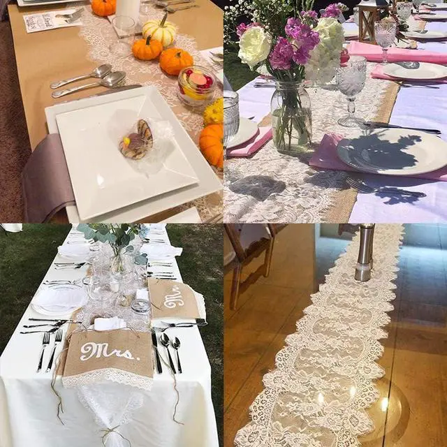 Alt view image 6 of 7 - Hooqict 4 Pack White Lace Table Runner 14 x 120 Inch Ivory Embroidered Boho Table Runner for Rustic Wedding Reception Dinner Table Decorations Baby Shower Bridal Shower Vintage Table Runners