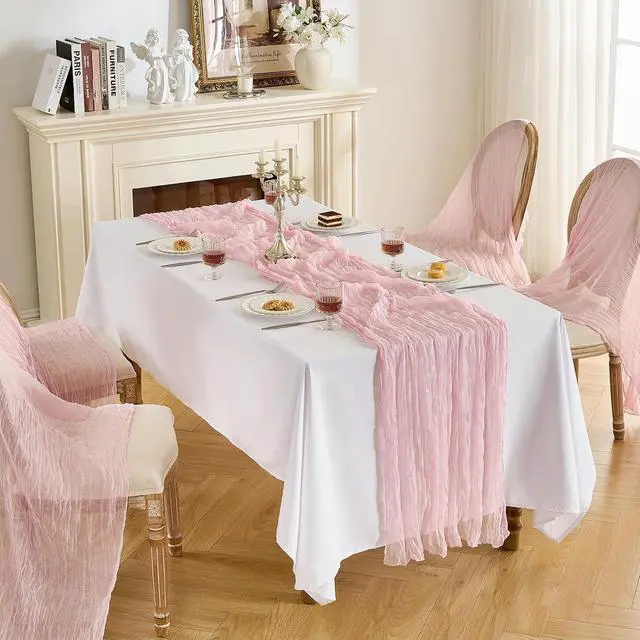 Alt view image 5 of 7 - Fanami 1 Pack Cheesecloth Table Runner -10FT Blush Pink Boho Gauze Cheese Cloth Table Runner 120 Inches Long Rustic Sheer Fabric Centerpieces for Wedding Birthday Party Bridal Baby Shower Decorations