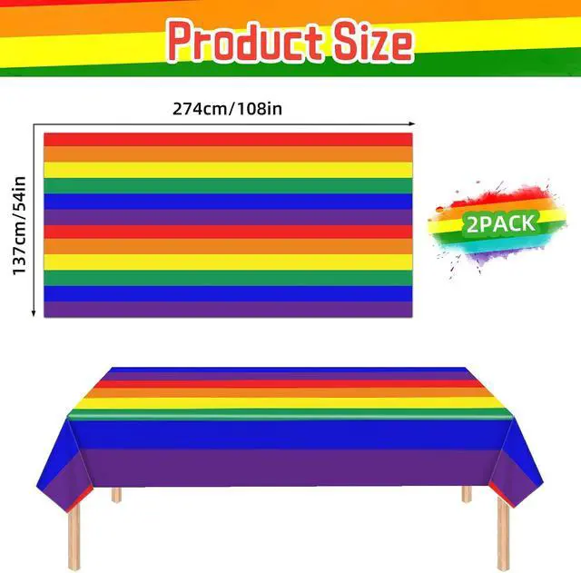 Alt view image 2 of 7 - Rainbow Pride Tablecloth - 2 Pack - 54 x 108 Inch Rectangle Disposable Plastic Table Cloth, Rainbow Pride Flag Table Covers for Dining Room Kitchen Decor