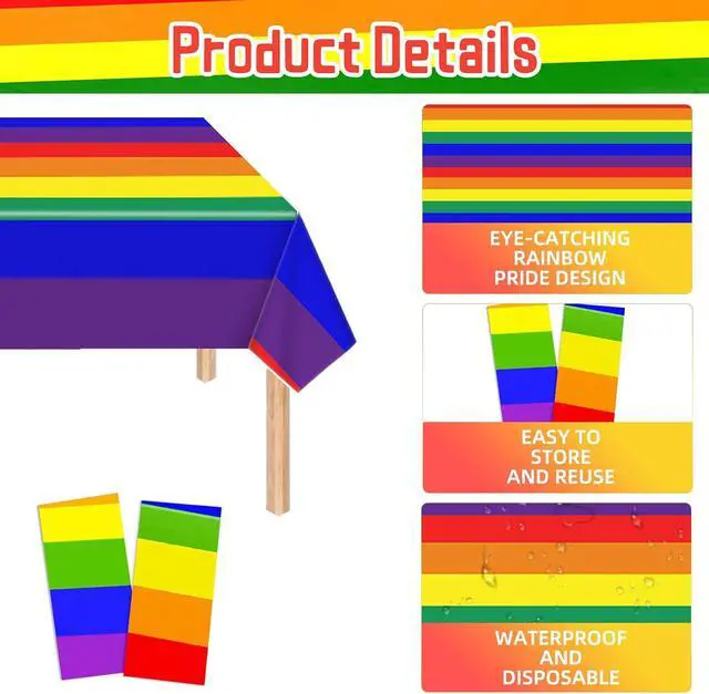 Alt view image 3 of 7 - Rainbow Pride Tablecloth - 2 Pack - 54 x 108 Inch Rectangle Disposable Plastic Table Cloth, Rainbow Pride Flag Table Covers for Dining Room Kitchen Decor