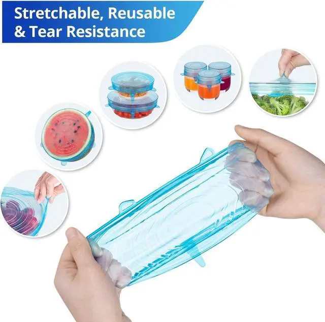 Alt view image 3 of 7 - Silicone Stretch Lids, 6PCS Zero Waste Reusable Container Covers | For Leftover Food Fruit Bowls Pots Cups Jars Dishes (6PCS, Blue)