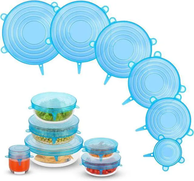 Main image of Silicone Stretch Lids, 6PCS Zero Waste Reusable Container Covers | For Leftover Food Fruit Bowls Pots Cups Jars Dishes (6PCS, Blue)