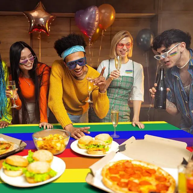 Alt view image 5 of 7 - Rainbow Pride Tablecloth - 2 Pack - 54 x 108 Inch Rectangle Disposable Plastic Table Cloth, Rainbow Pride Flag Table Covers for Dining Room Kitchen Decor