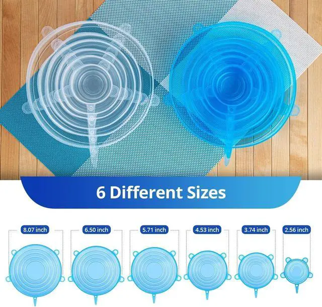 Alt view image 7 of 7 - Silicone Stretch Lids, 6PCS Zero Waste Reusable Container Covers | For Leftover Food Fruit Bowls Pots Cups Jars Dishes (6PCS, Blue)