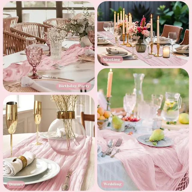 Alt view image 2 of 7 - Pink Cheesecloth Table Runner, 10 Ft Summer Boho Rustic Gauze Table Runner | Wedding, party, baby and bride Shower table decorations, suitable for Valentine's Day, Easter, Mother's Day