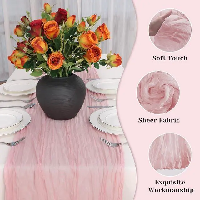 Alt view image 4 of 7 - Pink Cheesecloth Table Runner, 10 Ft Summer Boho Rustic Gauze Table Runner | Wedding, party, baby and bride Shower table decorations, suitable for Valentine's Day, Easter, Mother's Day