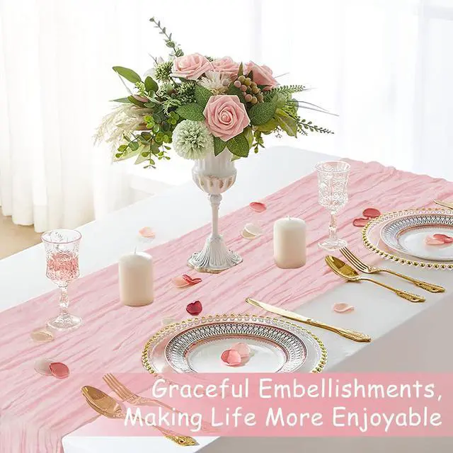 Alt view image 7 of 7 - Pink Cheesecloth Table Runner, 10 Ft Summer Boho Rustic Gauze Table Runner | Wedding, party, baby and bride Shower table decorations, suitable for Valentine's Day, Easter, Mother's Day