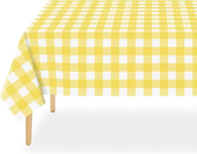 Main image of QIKSION Yellow Gingham Tablecloth Disposable 2 Pack, 54 x 108 Inch Yellow and White Checkered Table Cloth for Easter Decorations, Birthday Party Supplies, Rectangle, Plastic Table Cover