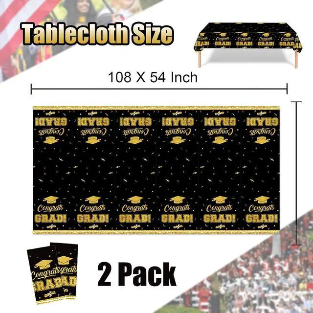 Alt view image 3 of 6 - Patriotic Tablecloth-Black & Gold Graduation Tablecloth,2 Pcs 54x108inch | Disposable tablecloth,Easy to Clean,2026 Graduation Table Decorations