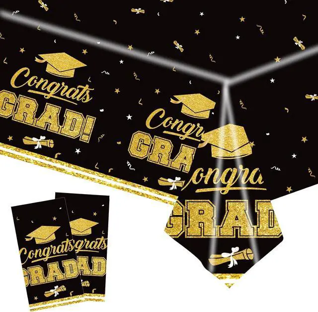 Main image of Patriotic Tablecloth-Black & Gold Graduation Tablecloth,2 Pcs 54x108inch | Disposable tablecloth,Easy to Clean,2026 Graduation Table Decorations