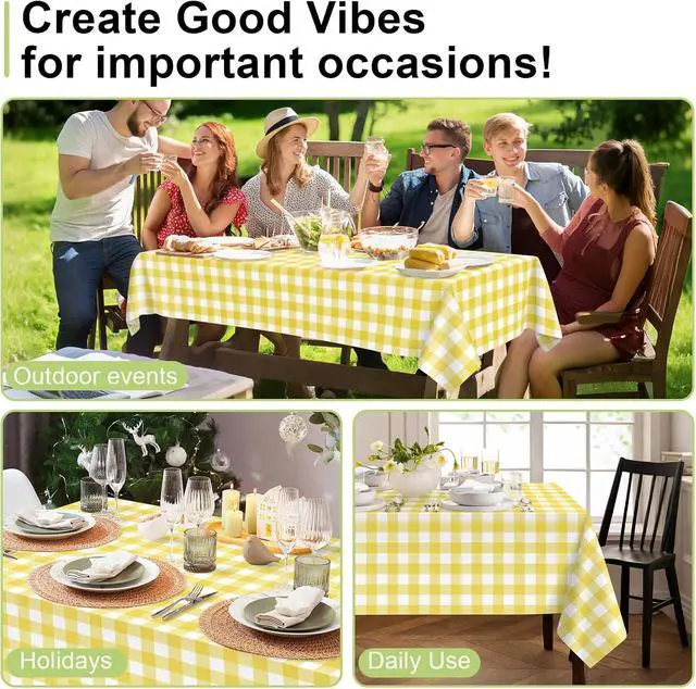 Alt view image 4 of 7 - QIKSION Yellow Gingham Tablecloth Disposable 2 Pack, 54 x 108 Inch Yellow and White Checkered Table Cloth for Easter Decorations, Birthday Party Supplies, Rectangle, Plastic Table Cover