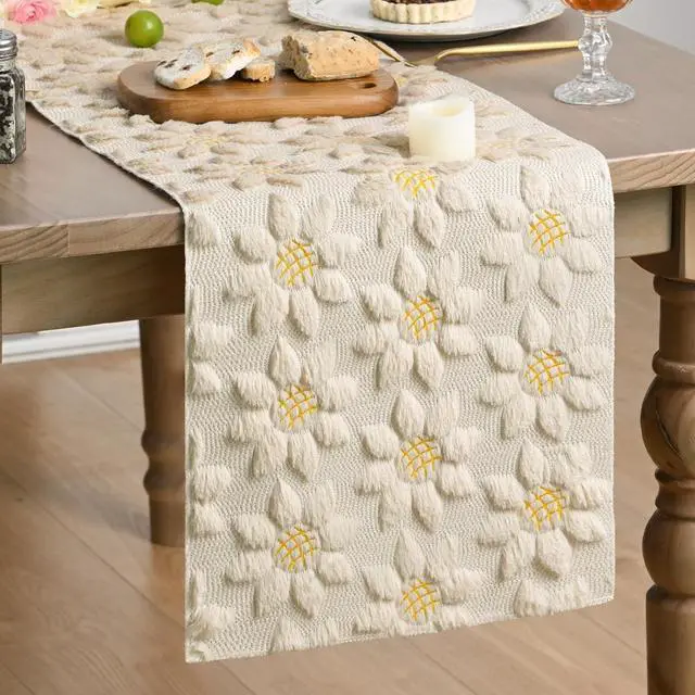 Main image of Artoid Mode Beige Soft Plush Faux Fur Jacquard Embroidery Sunflower Spring Table Runner, Kitchen Dining Table Decoration for Home Party Decor 13x72 Inch
