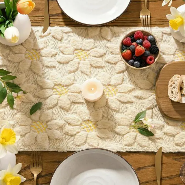 Alt view image 3 of 7 - Artoid Mode Beige Soft Plush Faux Fur Jacquard Embroidery Sunflower Spring Table Runner, Kitchen Dining Table Decoration for Home Party Decor 13x72 Inch