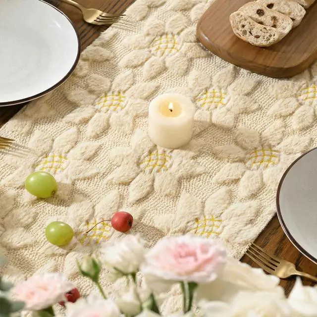 Alt view image 4 of 7 - Artoid Mode Beige Soft Plush Faux Fur Jacquard Embroidery Sunflower Spring Table Runner, Kitchen Dining Table Decoration for Home Party Decor 13x72 Inch