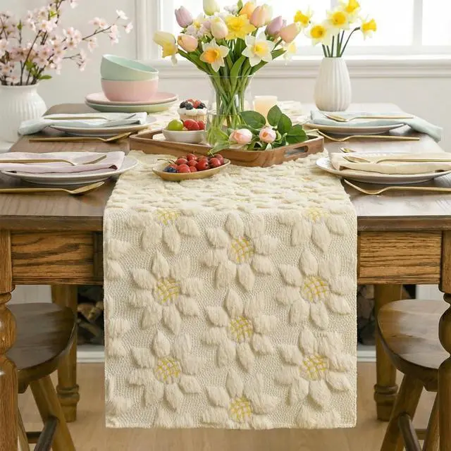 Alt view image 2 of 7 - Artoid Mode Beige Soft Plush Faux Fur Jacquard Embroidery Sunflower Spring Table Runner, Kitchen Dining Table Decoration for Home Party Decor 13x72 Inch