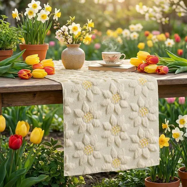 Alt view image 5 of 7 - Artoid Mode Beige Soft Plush Faux Fur Jacquard Embroidery Sunflower Spring Table Runner, Kitchen Dining Table Decoration for Home Party Decor 13x72 Inch