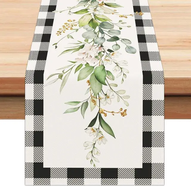 Main image of Bonhause Green Eucalyptus Leaves Flowers Table Runner 13x72 Inch Black White Buffalo Plaid Spring Plants Kitchen Dining Table Decoration for Indoor Outdoor Home Party Decor