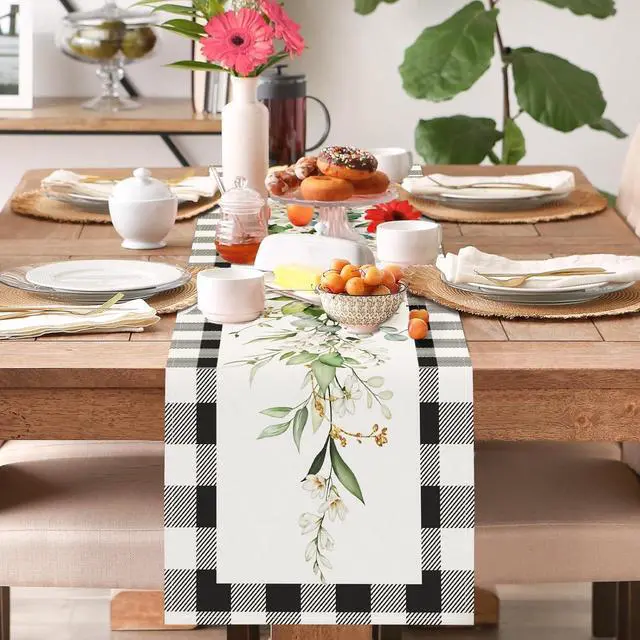 Alt view image 2 of 6 - Bonhause Green Eucalyptus Leaves Flowers Table Runner 13x72 Inch Black White Buffalo Plaid Spring Plants Kitchen Dining Table Decoration for Indoor Outdoor Home Party Decor
