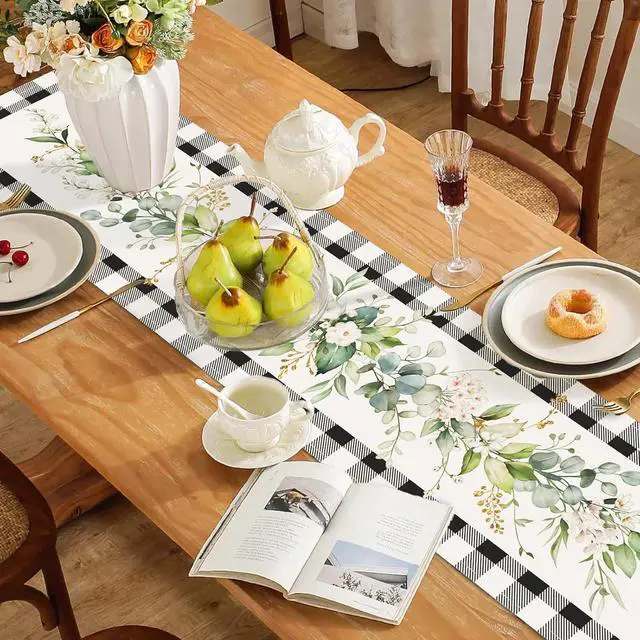 Alt view image 3 of 6 - Bonhause Green Eucalyptus Leaves Flowers Table Runner 13x72 Inch Black White Buffalo Plaid Spring Plants Kitchen Dining Table Decoration for Indoor Outdoor Home Party Decor