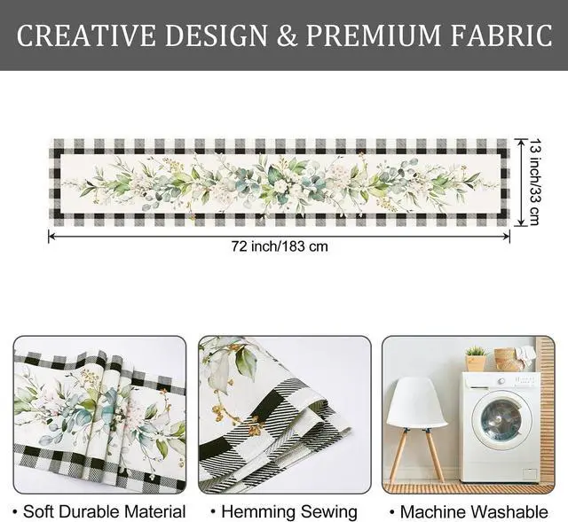 Alt view image 6 of 6 - Bonhause Green Eucalyptus Leaves Flowers Table Runner 13x72 Inch Black White Buffalo Plaid Spring Plants Kitchen Dining Table Decoration for Indoor Outdoor Home Party Decor