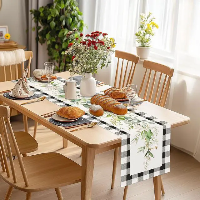 Alt view image 4 of 6 - Bonhause Green Eucalyptus Leaves Flowers Table Runner 13x72 Inch Black White Buffalo Plaid Spring Plants Kitchen Dining Table Decoration for Indoor Outdoor Home Party Decor
