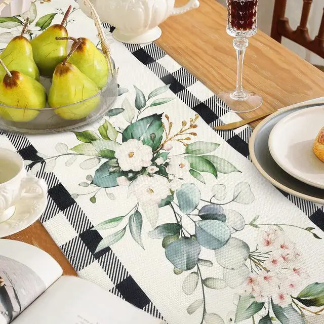 Alt view image 5 of 6 - Bonhause Green Eucalyptus Leaves Flowers Table Runner 13x72 Inch Black White Buffalo Plaid Spring Plants Kitchen Dining Table Decoration for Indoor Outdoor Home Party Decor