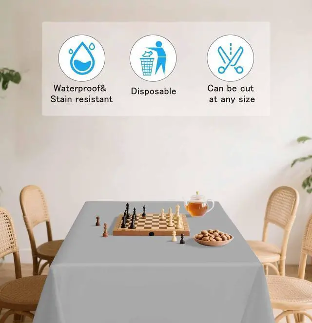 Alt view image 7 of 7 - HEIPINIUYE 2 Pack Silver Tablecloth Disposable 54 x 108 Inch Silver Plastic Table Cloth Disposable Waterproof Rectangle Table Cover for Party Birthday Camping Picnic Tablecloths