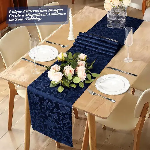 Alt view image 2 of 7 - MILVOWOC 4 Pack Navy Blue Damask Table Runner, 12 x 72 Inch | Satin Jacquard, Rectangle, Bright Silky, For Party Banquet Birthday Dinner Wedding