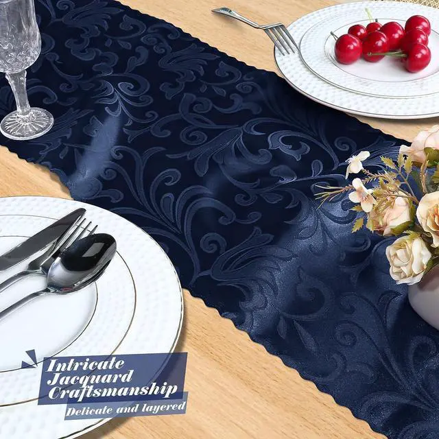 Alt view image 7 of 7 - MILVOWOC 4 Pack Navy Blue Damask Table Runner, 12 x 72 Inch | Satin Jacquard, Rectangle, Bright Silky, For Party Banquet Birthday Dinner Wedding