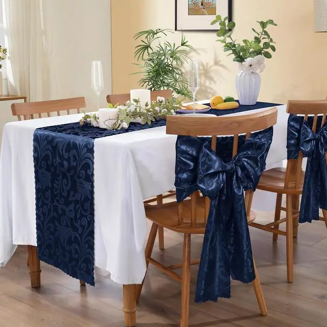Alt view image 5 of 7 - MILVOWOC 4 Pack Navy Blue Damask Table Runner, 12 x 72 Inch | Satin Jacquard, Rectangle, Bright Silky, For Party Banquet Birthday Dinner Wedding