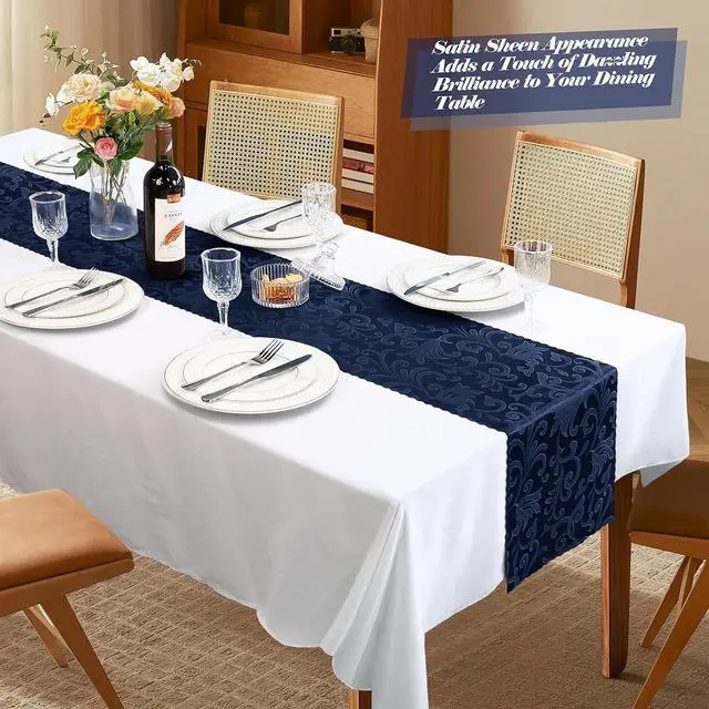 Alt view image 6 of 7 - MILVOWOC 4 Pack Navy Blue Damask Table Runner, 12 x 72 Inch | Satin Jacquard, Rectangle, Bright Silky, For Party Banquet Birthday Dinner Wedding