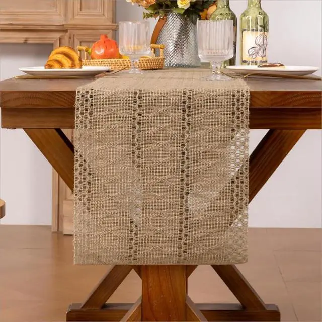Alt view image 5 of 7 - Niviy Burlap Boho Table Runner for Fall Thanksgiving Home Decor 72 Inches | Brown Farmhouse Decor Rustic Small Macrame Woven Coffee Burlap Jute Table Runners for Dining Dresser Scarf Table Decor