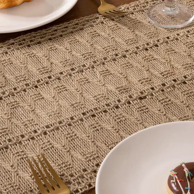 Alt view image 4 of 7 - Niviy Burlap Boho Table Runner for Fall Thanksgiving Home Decor 72 Inches | Brown Farmhouse Decor Rustic Small Macrame Woven Coffee Burlap Jute Table Runners for Dining Dresser Scarf Table Decor
