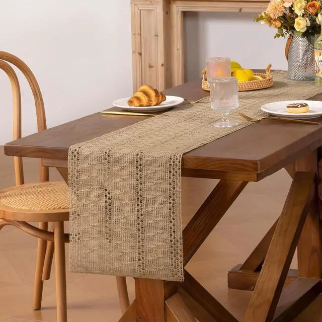 Alt view image 6 of 7 - Niviy Burlap Boho Table Runner for Fall Thanksgiving Home Decor 72 Inches | Brown Farmhouse Decor Rustic Small Macrame Woven Coffee Burlap Jute Table Runners for Dining Dresser Scarf Table Decor