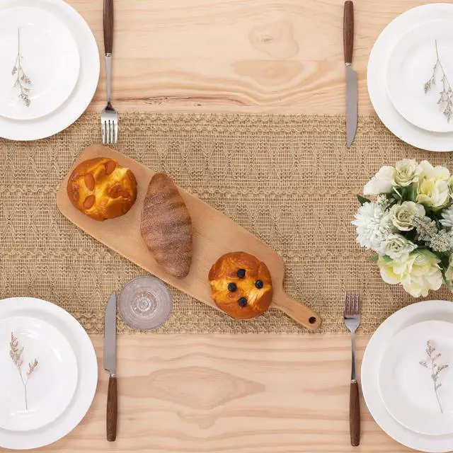 Alt view image 7 of 7 - Niviy Burlap Boho Table Runner for Fall Thanksgiving Home Decor 72 Inches | Brown Farmhouse Decor Rustic Small Macrame Woven Coffee Burlap Jute Table Runners for Dining Dresser Scarf Table Decor
