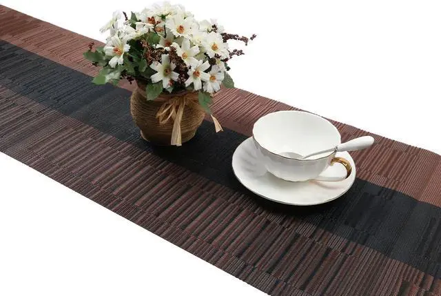 Alt view image 3 of 7 - SHACOS Table Runners Woven Vinyl PVC Table Runner 12 x 36 inch Wipe Clean Bamboo Weave Countertop Table Decor Mats Indoor Outdoor, Ombre Coffee Black