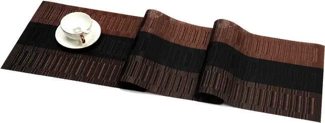 Alt view image 6 of 7 - SHACOS Table Runners Woven Vinyl PVC Table Runner 12 x 36 inch Wipe Clean Bamboo Weave Countertop Table Decor Mats Indoor Outdoor, Ombre Coffee Black