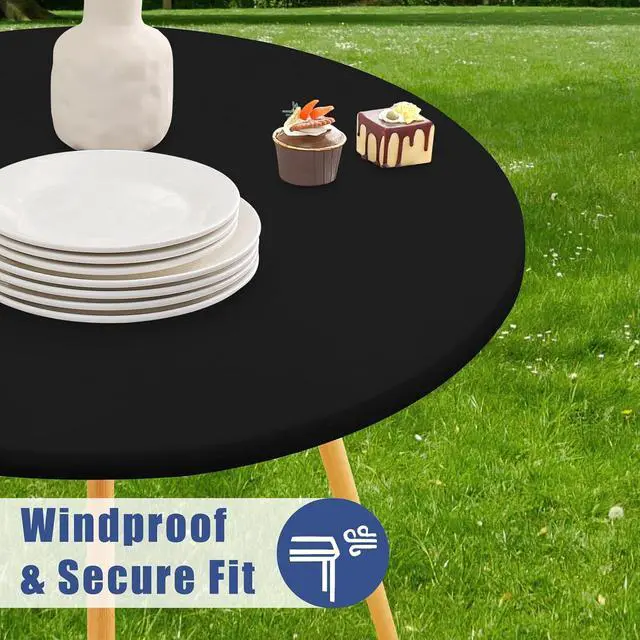 Alt view image 3 of 7 - Moosfor Spandex Round Tablecloth, Fitted Table Cloth for 45"-56" Tables | Elastic Outdoor Picnic Table Cover, Circle Stretch Waterproof Table cloths for Patio, Dining, Kitchen, Black
